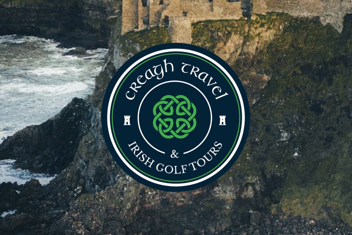 Irish Golf Tours logo over a castle on the Irish coast